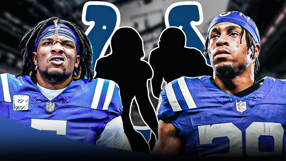 Two mystery players in the middle, Anthony Richardson, Jonathan Taylor around them, Indianapolis Colts logo in the background