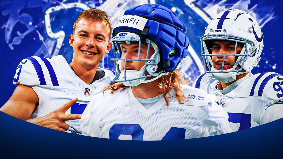 Tyler Warren in the center with Laiatu Latu and Spencer Shrader (colts kicker) on the outside. Colts logo in the background. Colts sleeper, colts breakout