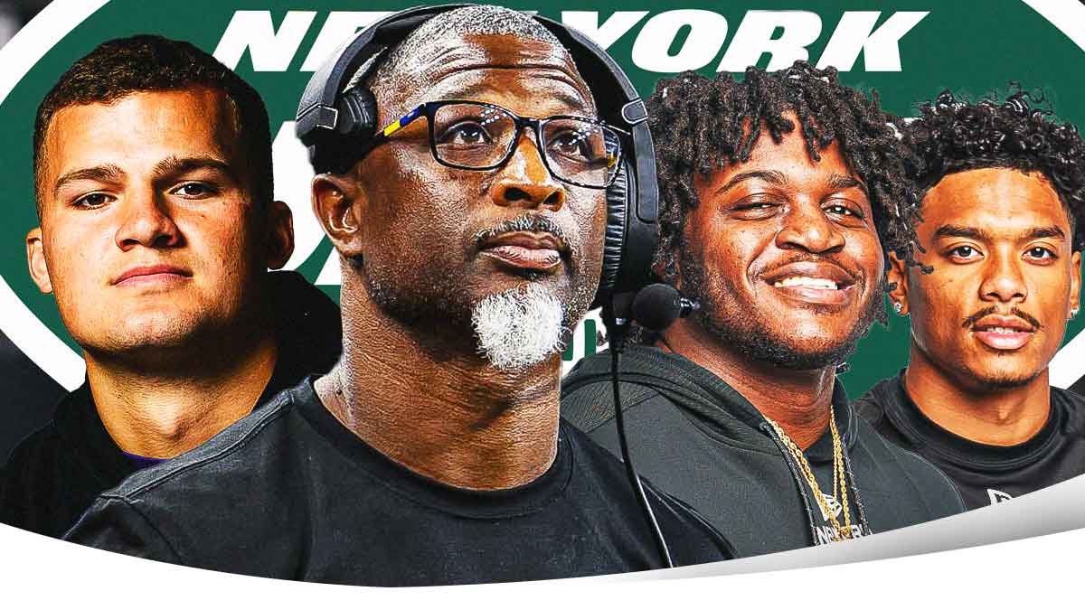 Coach Aaron Glenn in the middle, Mason Taylor, Armand Membou, Malachi Moore all beside each other, New York Jets logo in the background