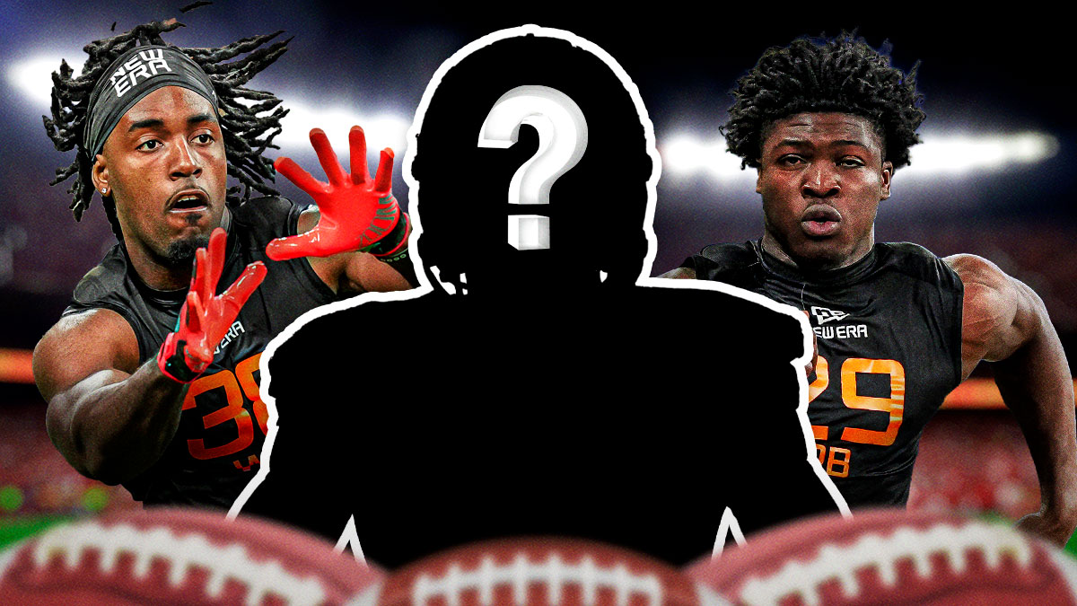Kansas City Chiefs WR Jalen Royals with RB Brashard Smith and a silhouette of an American football player with a big question mark emoji inside. There is also a logo for the Kansas City Chiefs.
