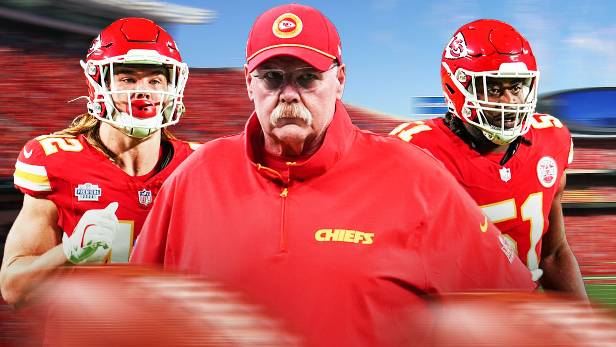 Chiefs coach Andy Reid (center) with Chiefs WR Skyy Moore and Chiefs DE Mike Danna behind him