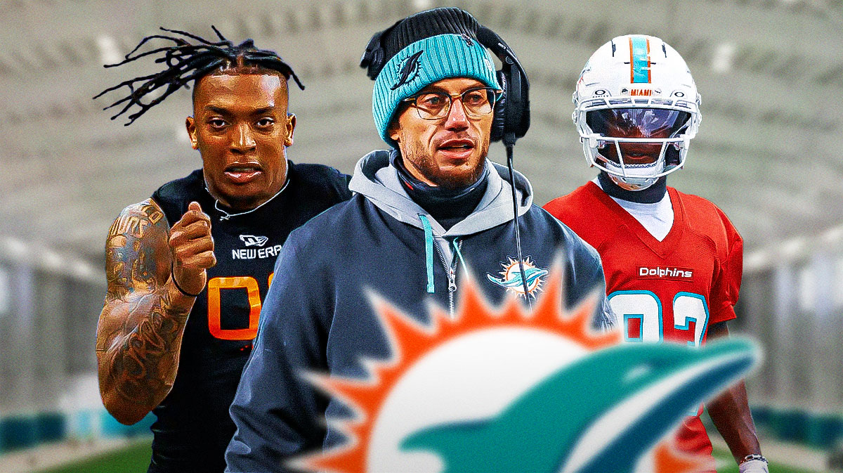 Dolphins coach Mike McDaniel (center) with Oklahoma State running back Ollie Gordon and Dolphins receiver Malik Washington behind him