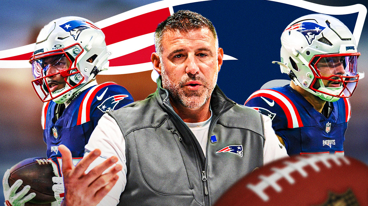 New England Patriots logo in the Background. Mike Vrabel in the center of the image. Linebacker Christian Elliss and Cornerback Marcus Jones on either side of him.