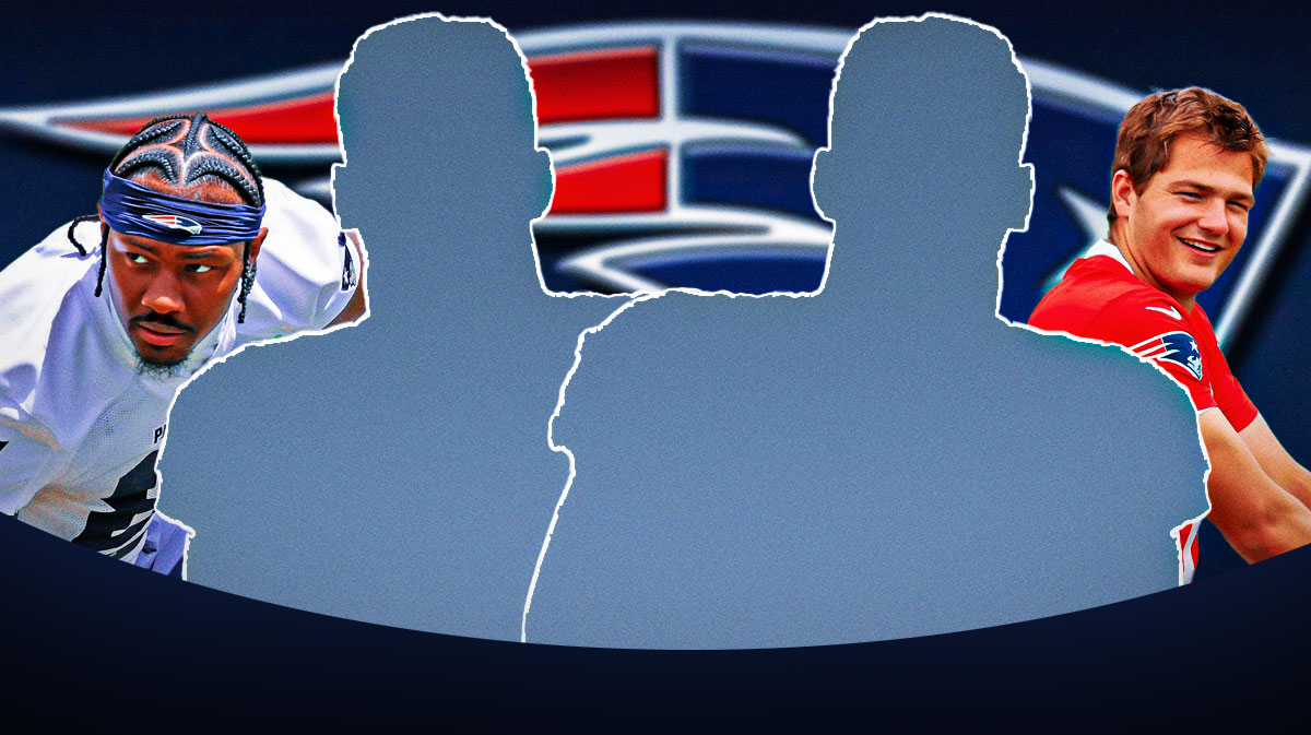 Two mystery players in the middle, Drake Maye, Stefon Diggs around them, New England Patriots logo in the background