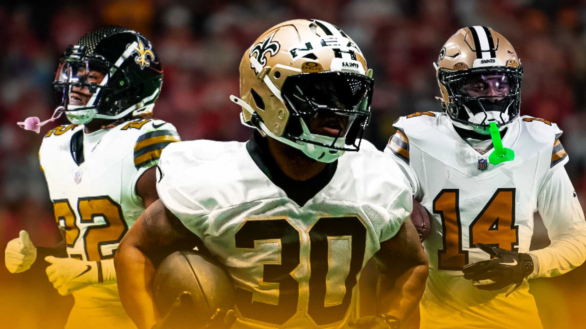 Devin Neal in the center, Kool-Aid McKinstry and Rashid Shaheed on the sides. Saints logo in the background, saints sleeper, saints breakout