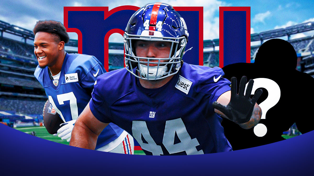 New York Giants RB Cam Skattebo next to WR Wan'Dale Robinson and a silhouette of an American football player with a big question mark emoji inside. There is also a logo for the New York Giants.