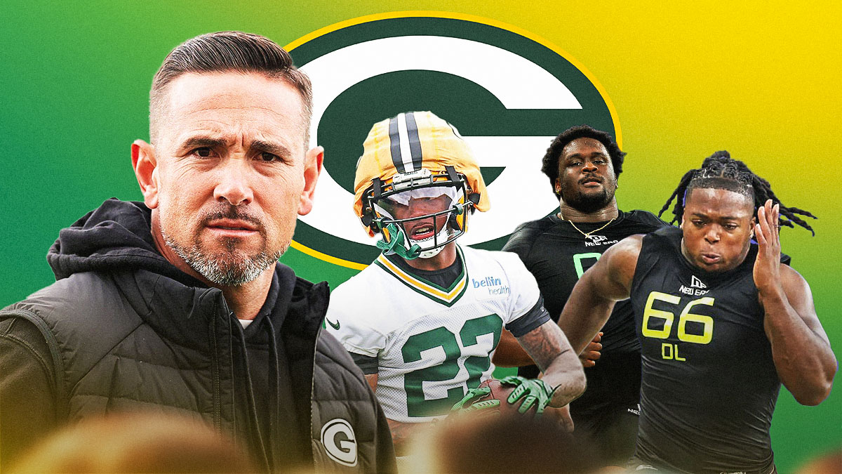 Coach Matt LaFleur in the middle, Matthew Golden, Anthony Belton, Savion Williams all beside each other, Green Bay Packers logo in the background