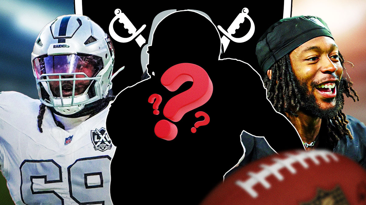 Las Vegas Raiders WR Jakobi Meyers with DT Adam Butler and a silhouette of an American football player with a big question mark emoji inside. There is also a logo for the Las Vegas Raiders.