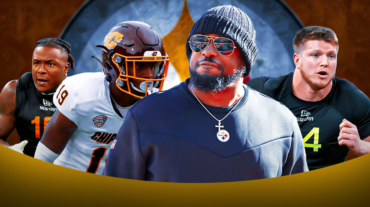 Coach Mike Tomlin in the middle, Kaleb Johnson, Donte Kent, Jack Sawyer all beside each other, Pittsburgh Steelers logo in the background