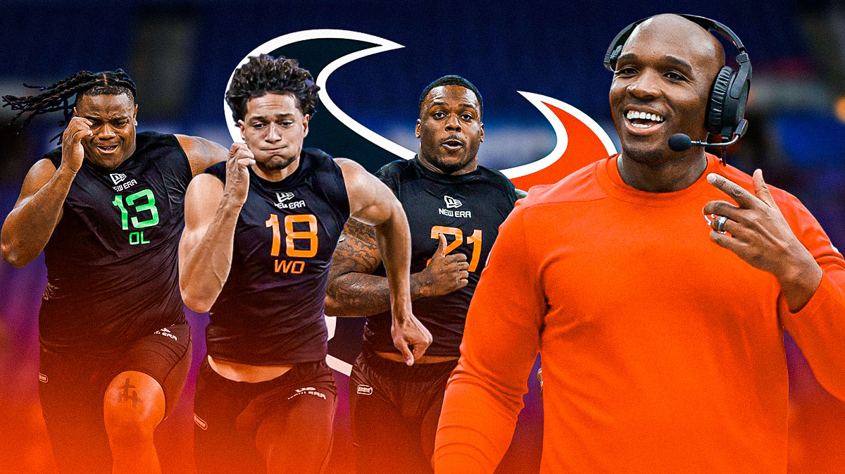 Coach DeMeco Ryans in the middle, Jayden Higgins, Aireontae Ersery, Woody Marks all beside each other, Houston Texans logo in the background