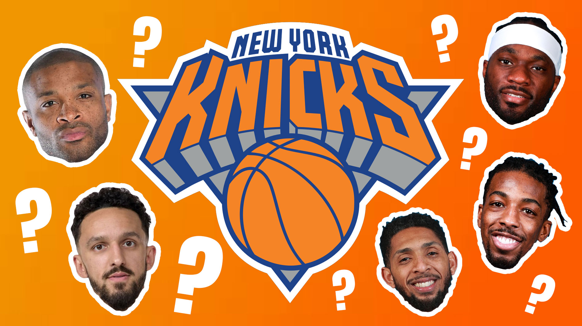 Knicks logo in the middle, with head cutouts (head only) of Landry Shamet, PJ Tucker, Delon Wright, Cameron Payne, Precious Achiuwa around the logo, question marks all over