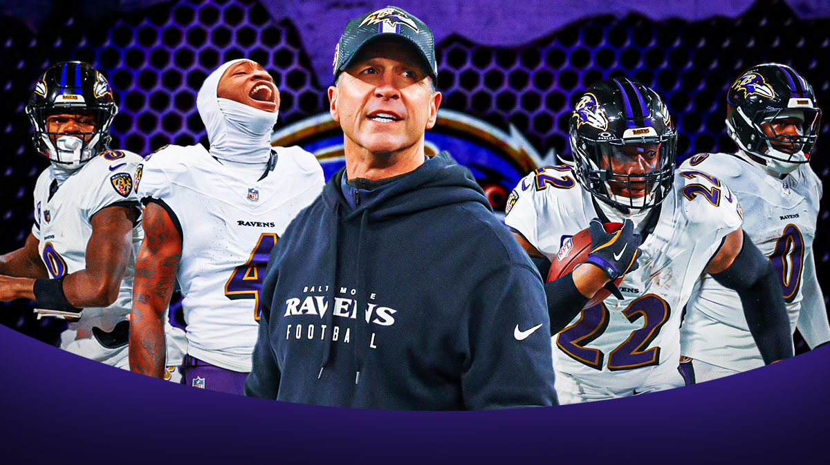 Coach John Harbaugh, Derrick Henry, Roquan Smith, Lamar Jackson, Zay Flowers all beside each other, Baltimore Ravens logo in the background