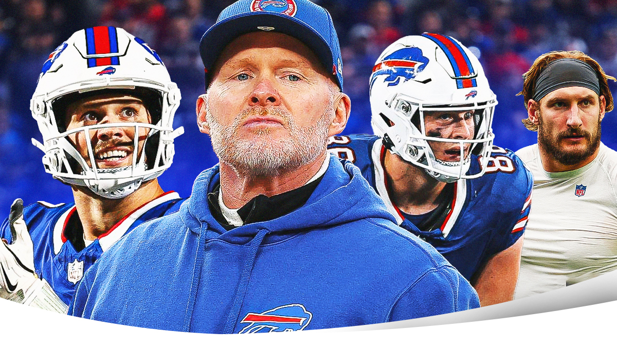 Bills coach Sean McDermott (center) with Bills QB Josh Allen, Bills TE Dalton Kincaid and Bills DE Joey Bosa behind him