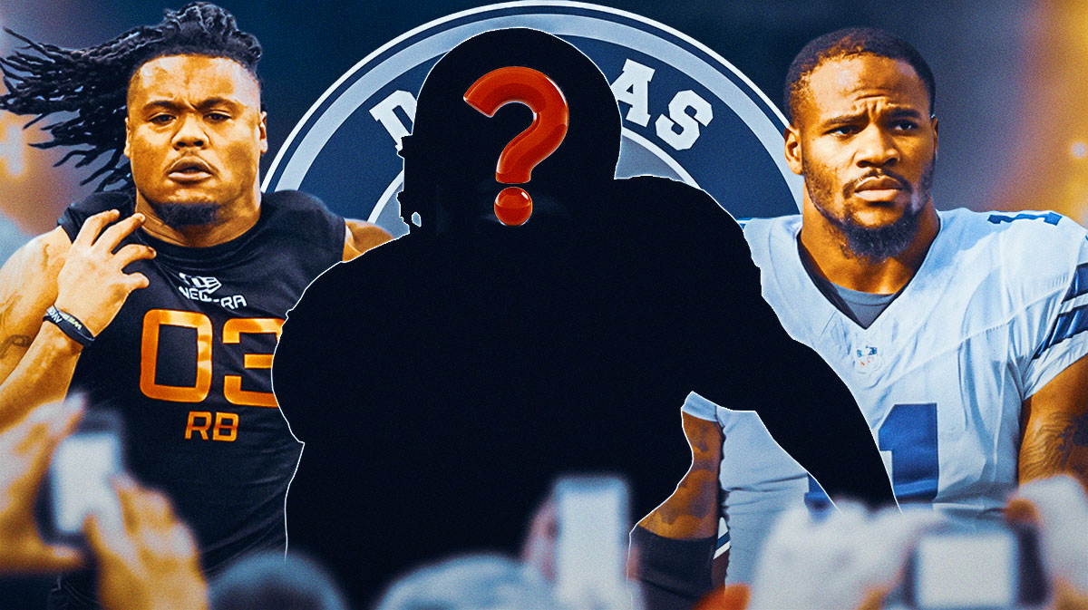 Dallas Cowboys running back Jaydon Blue with Micah Parsons and a silhouette of an American football player with a big question mark emoji inside. There is also a logo for the Dallas Cowboys.