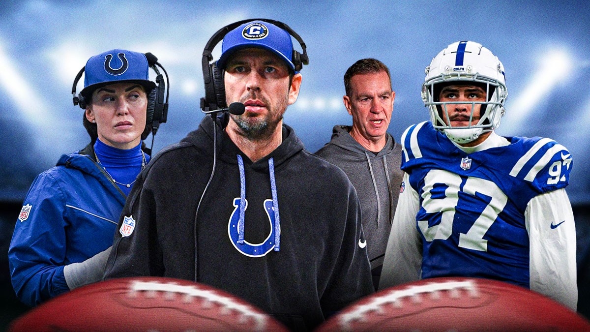 Colts coach Shane Steichen (center) with Colts owner Carlie Irsay-Gordon, Colts DE Laiatu Latu, Colts DC Lou Anarumo behind him