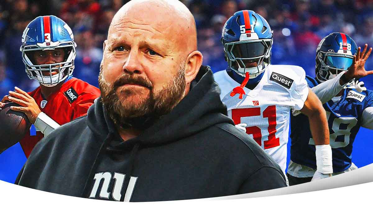 Giants coach Brian Daboll (center) with Giants QB Russell Wilson, Giants DE Abdul Carter and Giants WR Darius Slayton behind him