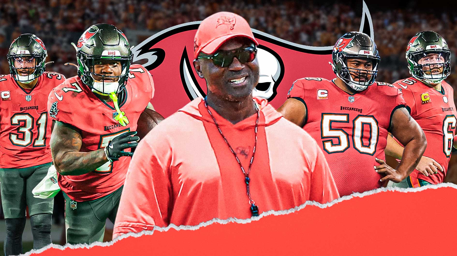 Coach Todd Bowles, Bucky Irving, Antoine Winfield Jr, Baker Mayfield, Vita Vea all beside each other, Tampa Bay Buccaneers logo in the background