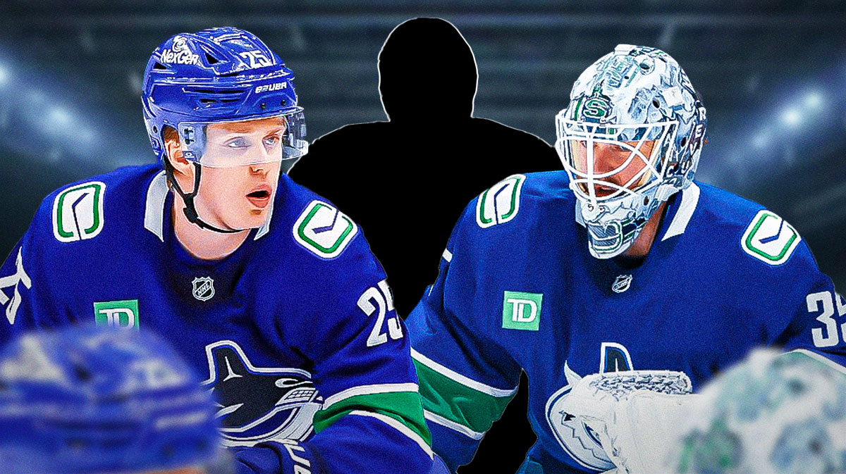 Elias Pettersson and thatcher Demko on the outsides, Mystery player in the middle. Canucks logo in the background.
