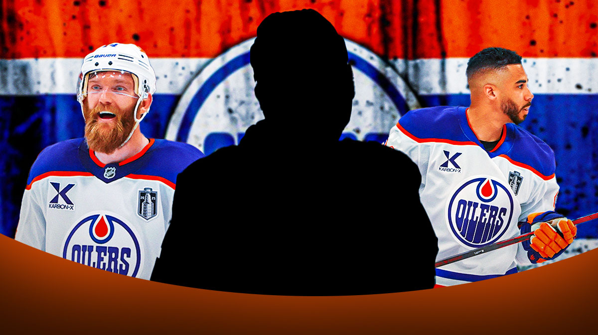 Mattias Ekholm and Evander Kane on the outsides. Mystery player in the middle. Oilers logo in the background.