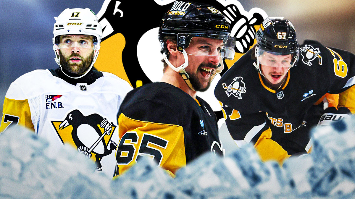 Erik Karlsson in the center, Rickard Rakell and Bryan Rust on the outsides. Penguins logo in the background, Penguins trade, NHL trade