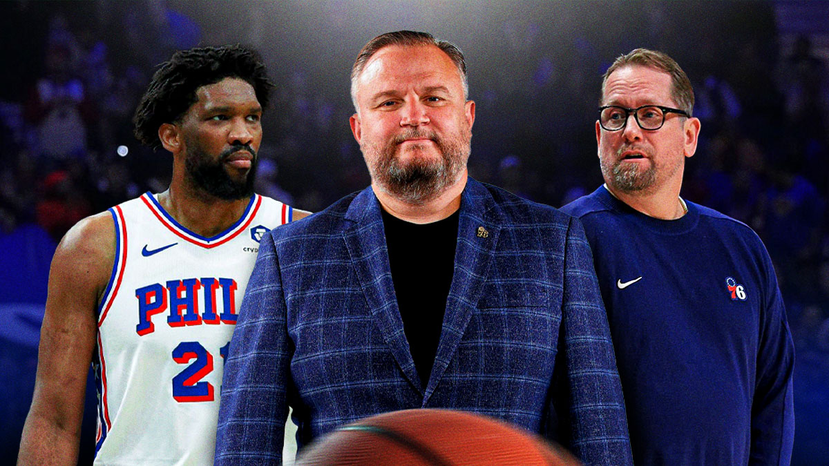 76ers' Daryl Morey in the middle with Nick Nurse on one side and Joel Embiid on the other