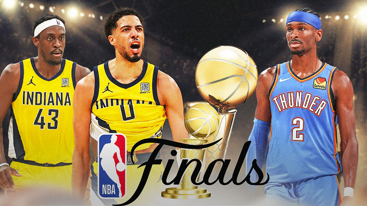 Pacers' Tyrese Haliburton and Pascal Siakam looking at the Larry O'Brien trophy, with Thunder's Shai Gilgeous-Alexander to the side, NBA Finals logo on the front