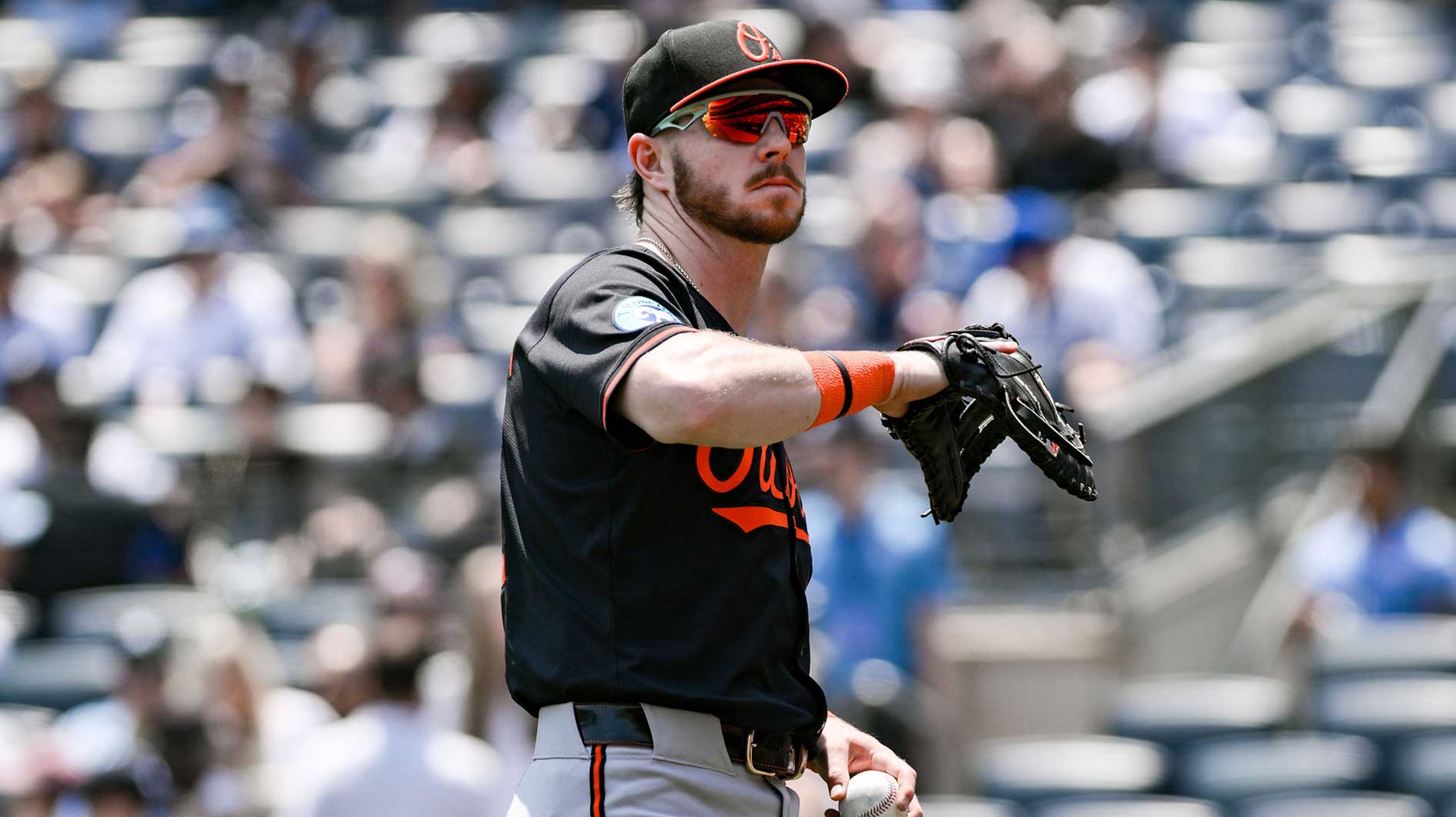Baltimore Orioles outfielder Ryan O'Hearn (32) warms up before a game against the New York Yankees at Yankee Stadium.