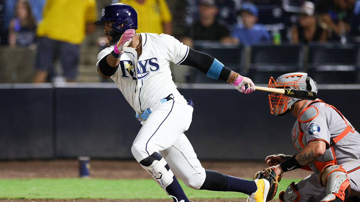 Tampa Bay Rays first baseman Yandy Diaz (2) hits an rbi single against the Baltimore Orioles in the fifth inning at George M. Steinbrenner Field.
