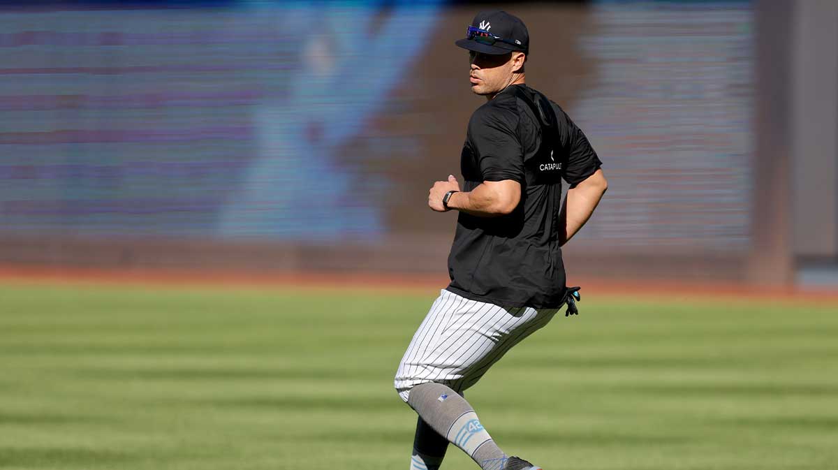 New York Yankees injured designated hitter Giancarlo Stanton works out before a game against the Texas Rangers at Yankee Stadium.
