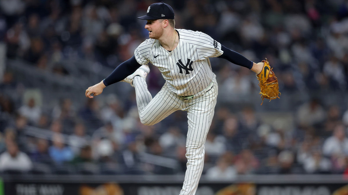 New York Yankees starting pitcher Clarke Schmidt (36) follows through on a pitch against the Los Angeles Angels during the seventh inning at Yankee Stadium.
