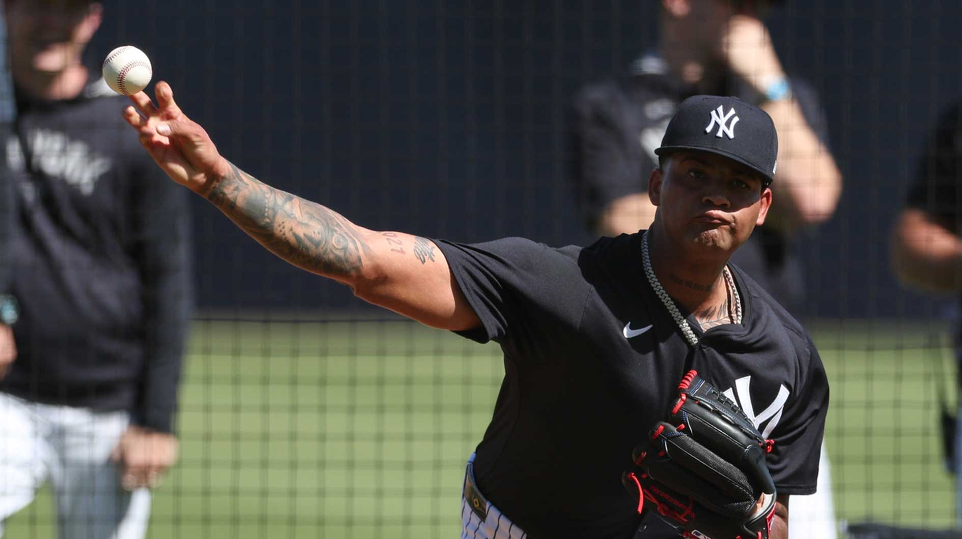 New York Yankees starting pitcher Luis Gil (81) participates in spring training workouts at George M. Steinbrenner Field.