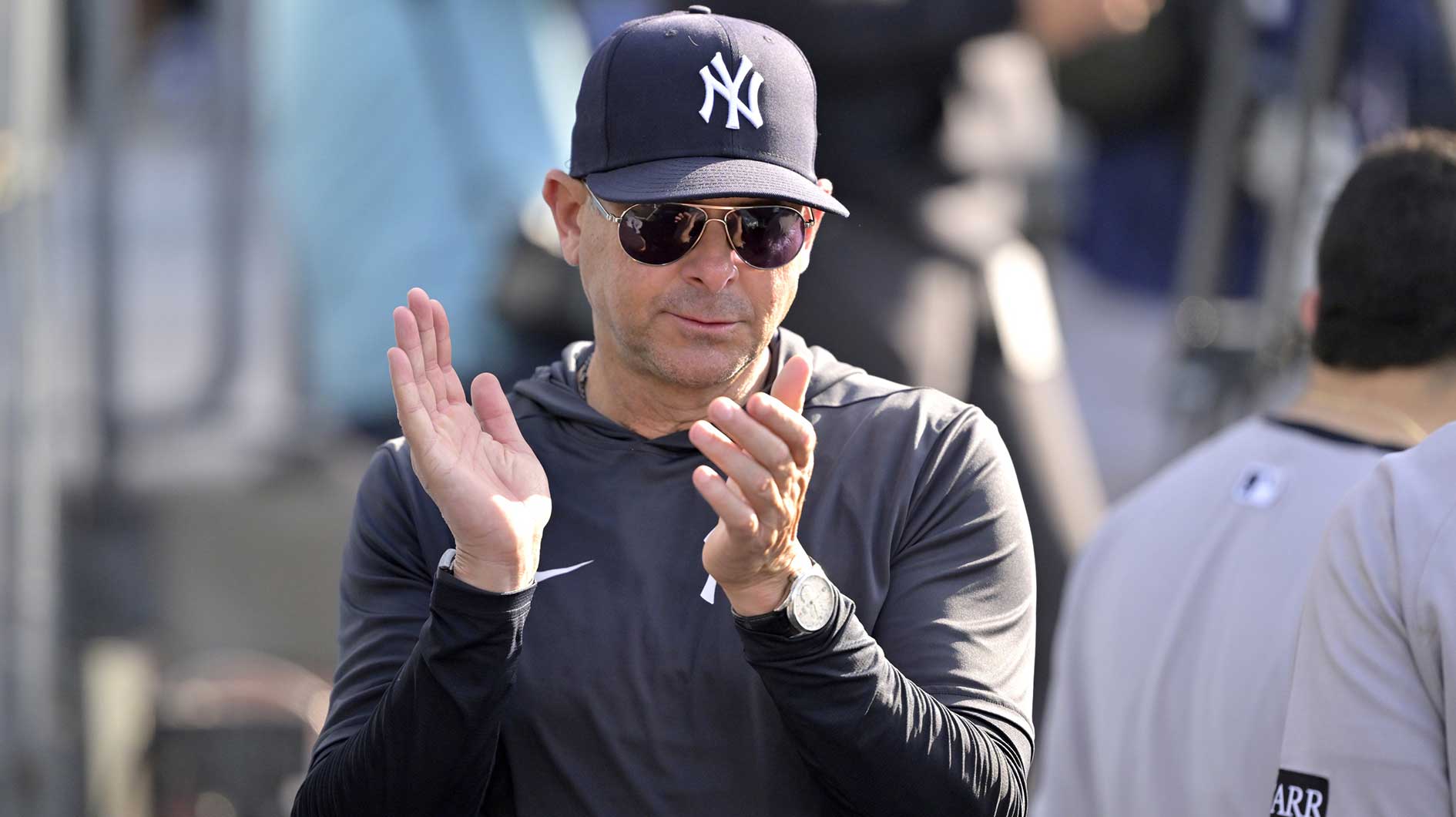 New York Yankees manager Aaron Boone (17) in the dugout during the fourth inning against the Los Angeles Dodgers at Dodger Stadium.