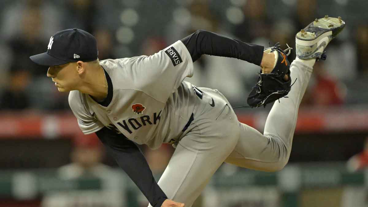 New York Yankees relief pitcher Luke Weaver (30) delivers to the plate in the ninth inning against the Los Angeles Angels at Angel Stadium.