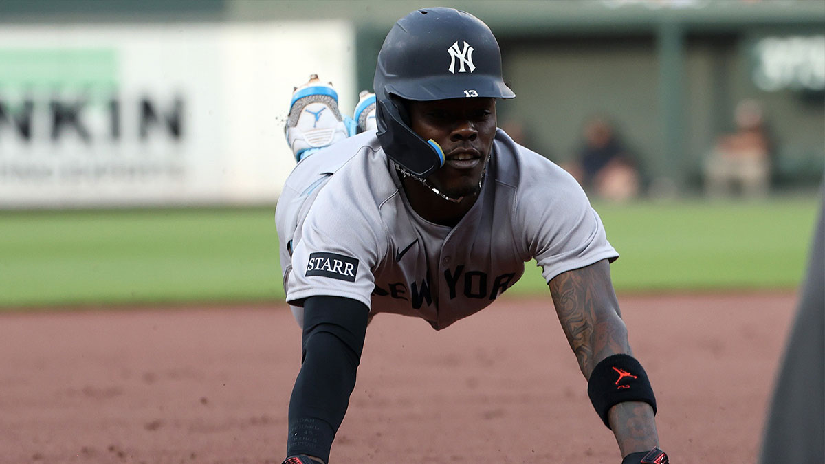 New York Yankees second baseman Jazz Chisholm Jr. (13) advances to third base during the first inning against the Baltimore Orioles at Oriole Park at Camden Yards.