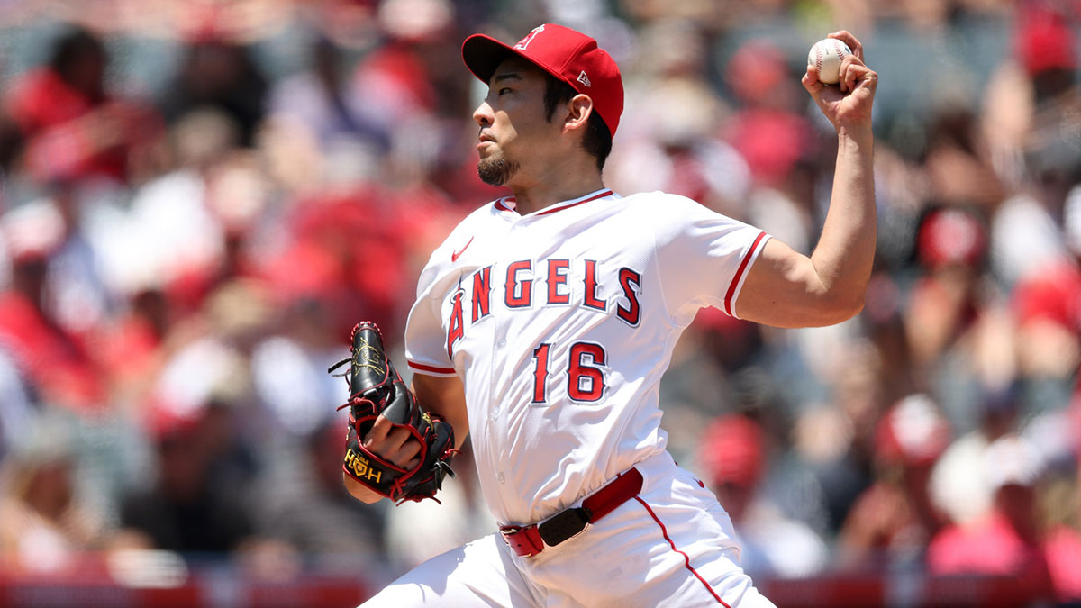 Los Angeles Angels starting pitcher Yusei Kikuchi (16) pitches during the second inning against the Boston Red Sox.