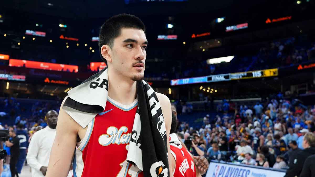 Grizzlies' Zach Edey (14) walks off the court after the Thunder defeated the Grizzlies 117-115 in Game 4 to win the first-round NBA playoff series at FedExForum in Memphis, Tennessee.