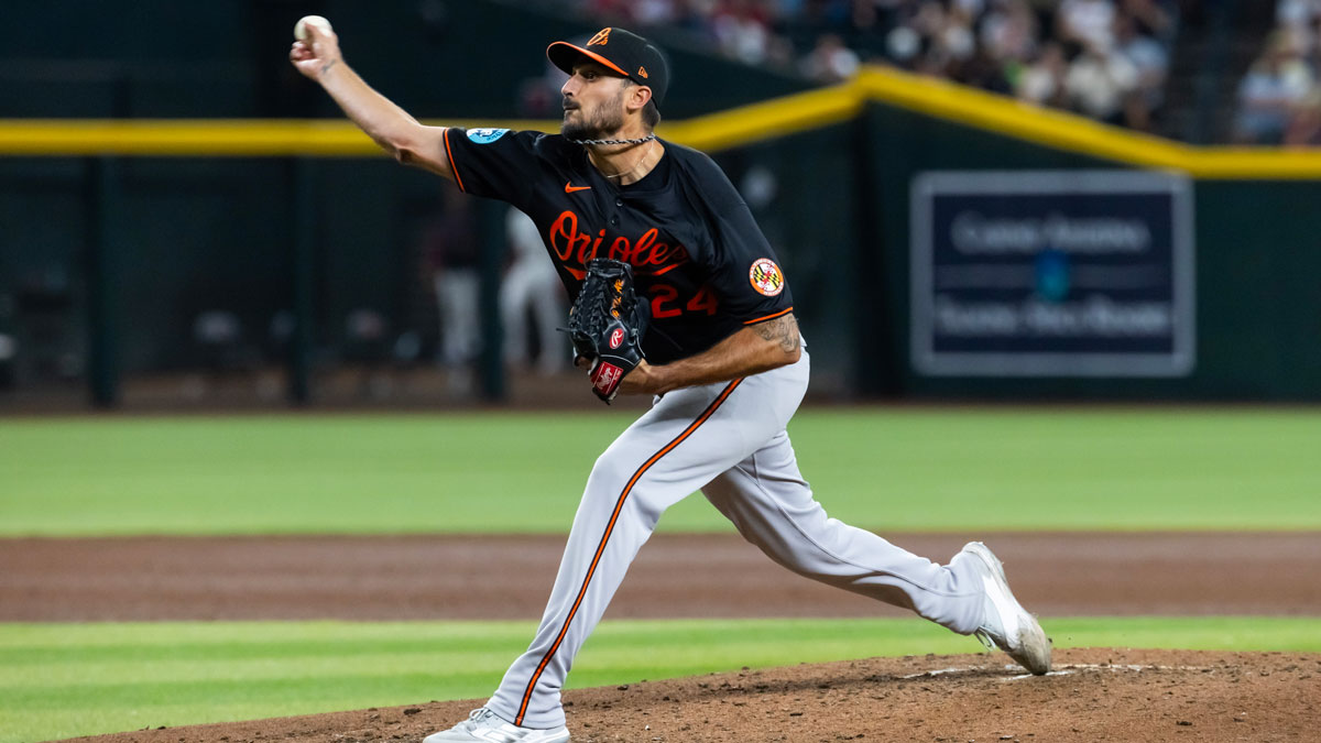 Apr 7, 2025; Phoenix, Arizona, USA; Baltimore Orioles pitcher Zach Eflin against the Arizona Diamondbacks at Chase Field.