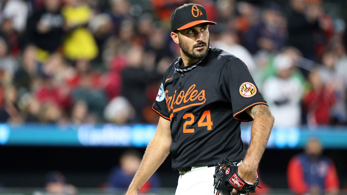 Apr 2, 2025; Baltimore, Maryland, USA; Baltimore Orioles pitcher Zach Eflin (24) walks off the field during the fifth inning against the Boston Red Sox at Oriole Park at Camden Yards. Mandatory Credit: Daniel Kucin Jr.-Imagn Images