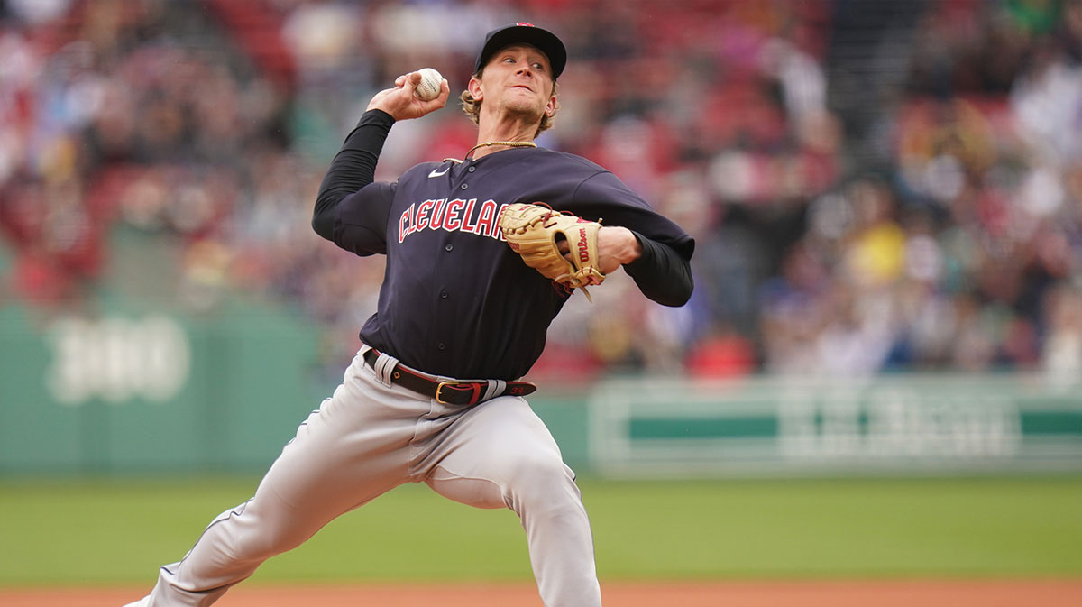 Cleveland Guardians starting pitcher Zach Plesac (34) throws a pitch against the Boston Red Sox in the first inning at Fenway Park.