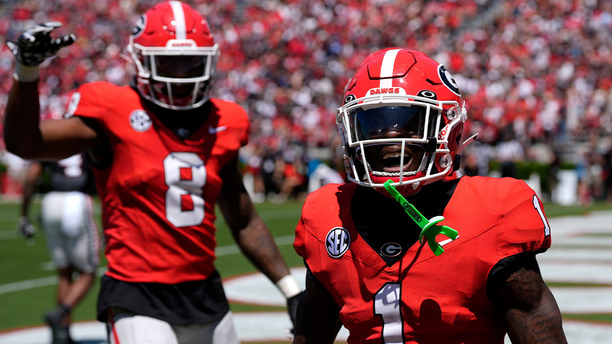 Georgia wide receiver Zachariah Branch (1) celebrates after pulling in a deep pass for a big gain during the Georgia G-Day spring football game in Athens, Ga., on Saturday, April 12, 2025.