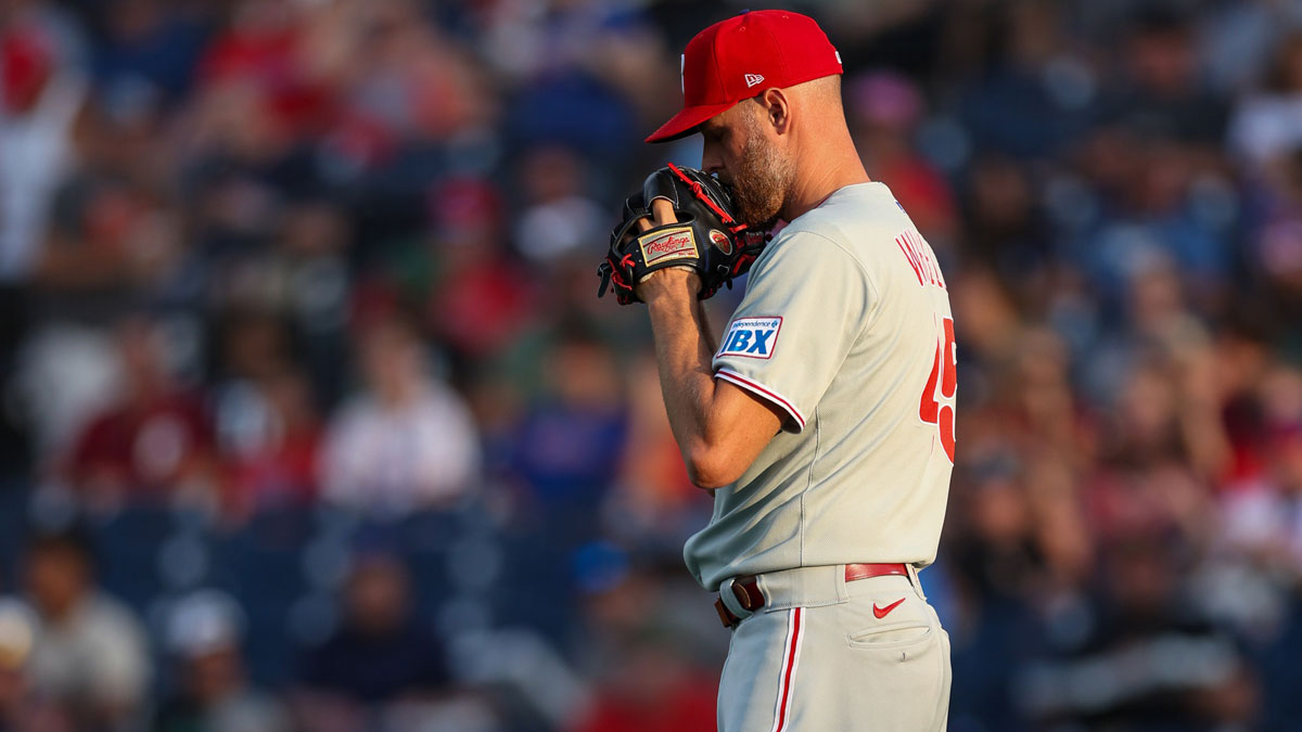 Philadelphia Phillies starting pitcher Zack Wheeler (45) gets ready to pitch a game against the Tampa Bay Rays in the first inning at George M. Steinbrenner Field.