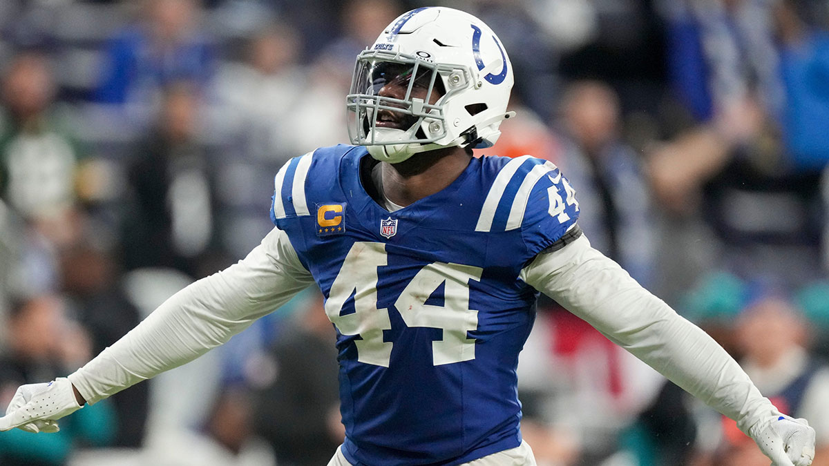 Indianapolis Colts linebacker Zaire Franklin (44) reacts after sacking Jacksonville Jaguars quarterback Mac Jones (10) in overtime Sunday, Jan. 5, 2025, during a game at Lucas Oil Stadium in Indianapolis.