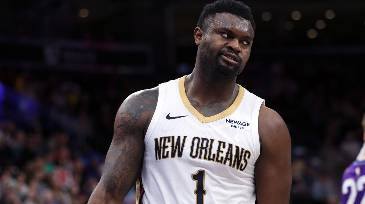 New Orleans Pelicans forward Zion Williamson (1) reacts to a play against the Utah Jazz during the second half at Delta Center.