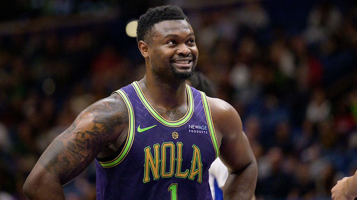 New Orleans Pelicans forward Zion Williamson (1) reacts during the first half against the Detroit Pistons at Smoothie King Center.