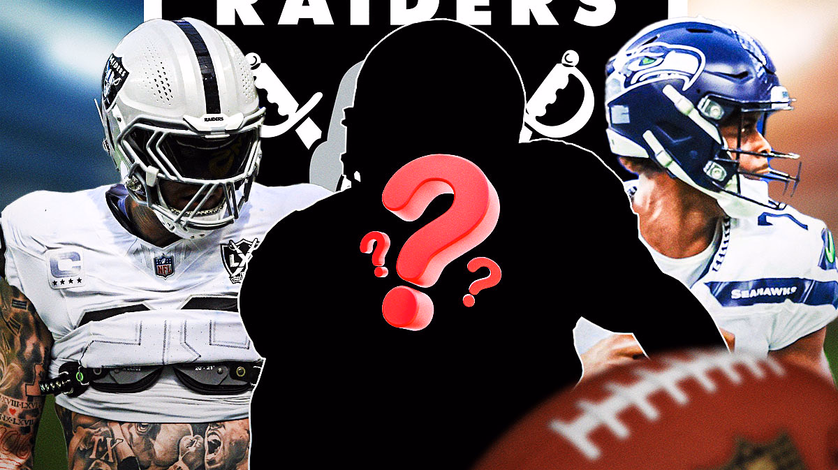 One mystery player in the middle, Geno Smith and Maxx Crosby around him, Las Vegas Raiders logo in the background