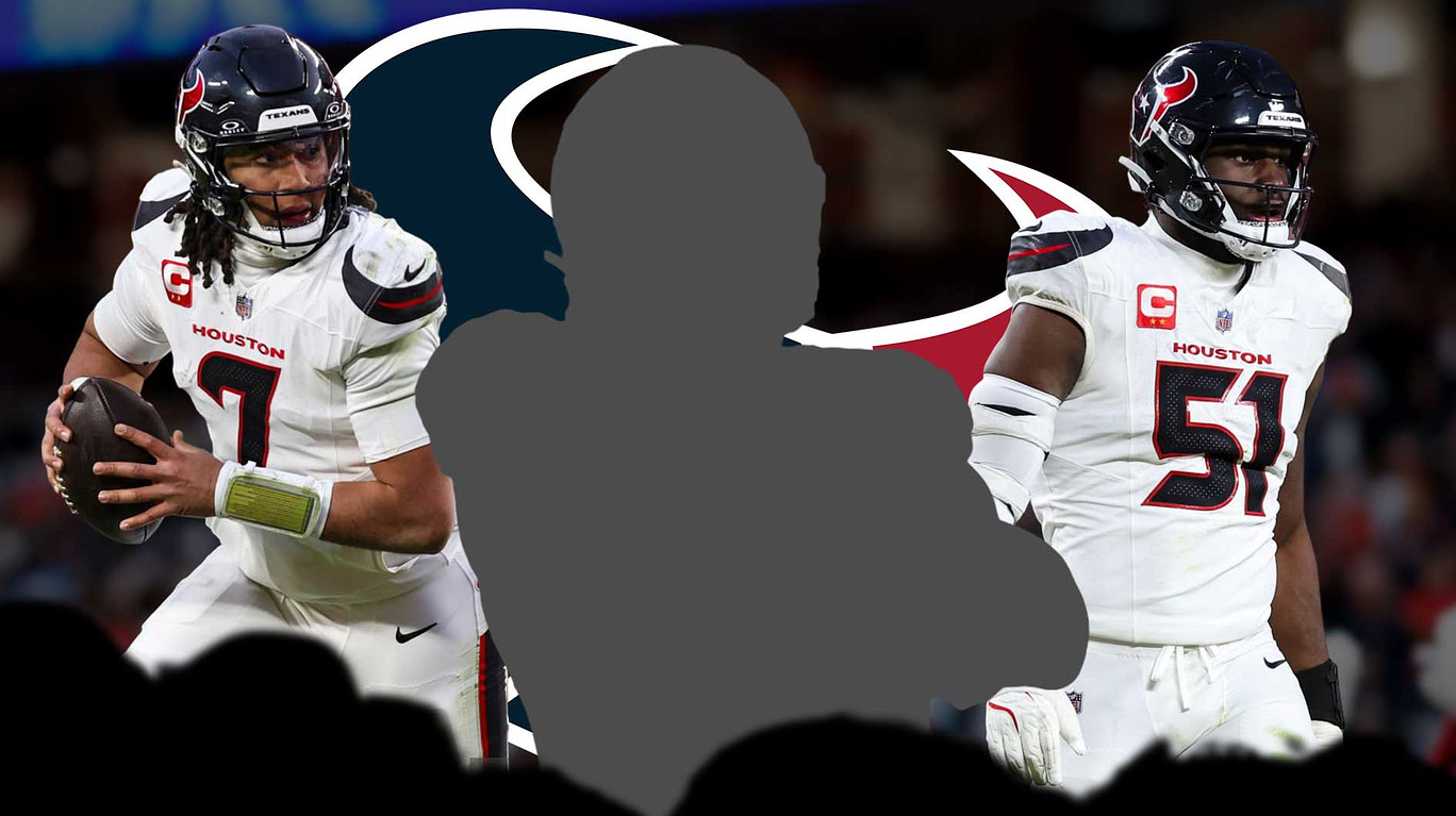 One mystery player in the middle - CJ Stroud and Will Anderson Jr around him - Houston Texans logo in the background