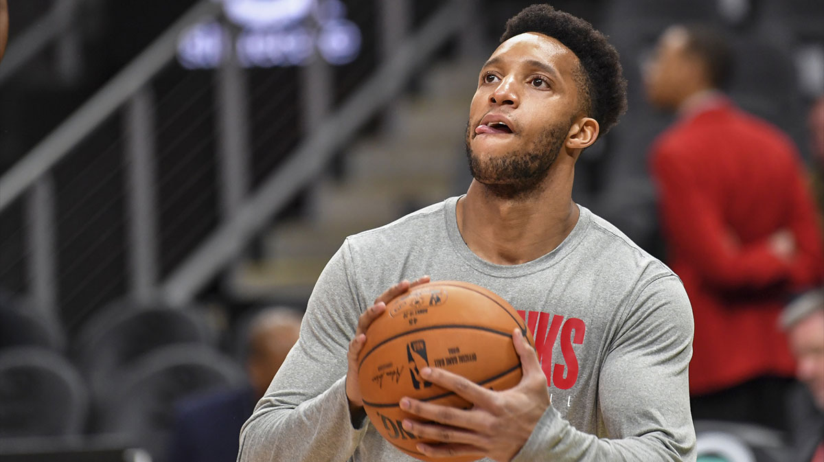 Atlanta Hawks guard Evan Turner (1) prepares to shoot before the game against the Boston Celtics at State Farm Arena.