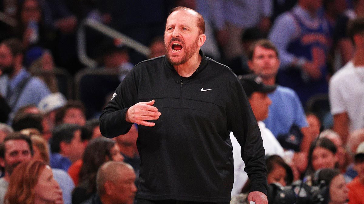 New York Knicks head coach Tom Thibodeau reacts in the fourth quarter against the Indiana Pacers during game five of the eastern conference finals for the 2025 NBA Playoffs at Madison Square Garden