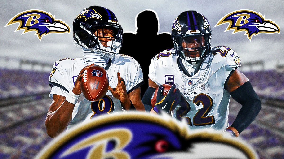 One mystery player in the middle - Lamar Jackson and Derrick Henry around him - Baltimore Ravens logo in the background