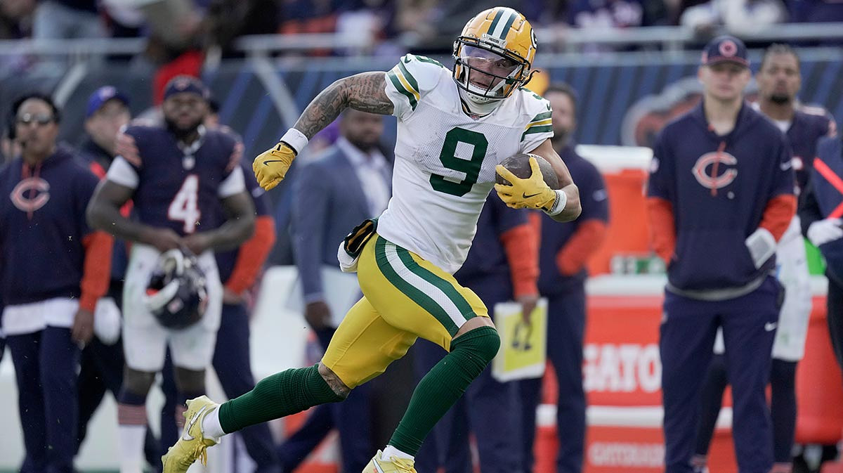Green Bay Packers wide receiver Christian Watson (9) makes a 60-yard reception during the fourth quarter of their game Sunday, November 17, 2024, at Solider Field in Chicago, Illinois. The Green Bay Packers beat the Chicago Bears 20-19.